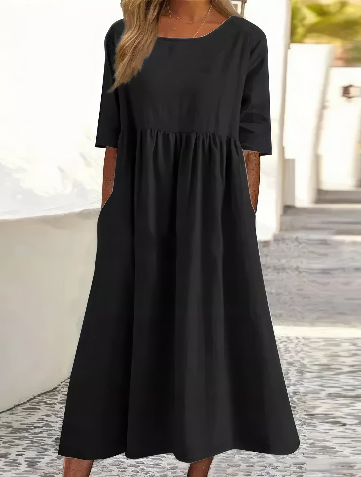 Vestido Menorca de algodón con cuello redondo y bolsillos